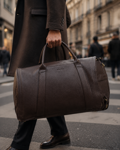 Chocolate Brown NOVA duffle carried on a city street