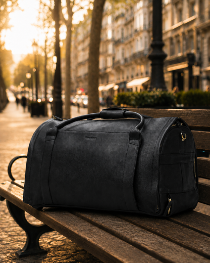 Classic Black NOVA duffle on a bench at golden hour