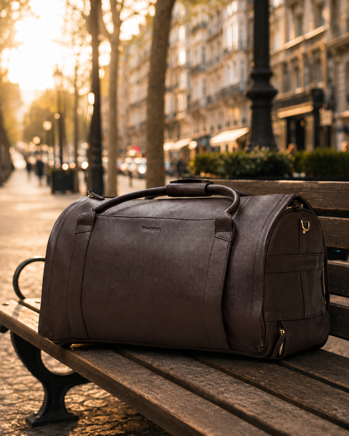 Chocolate Brown NOVA duffle on a bench at golden hour
