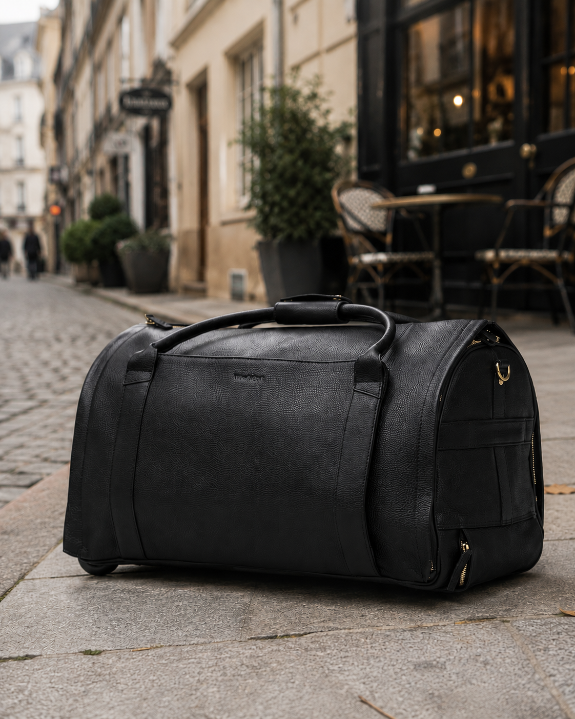 Classic Black NOVA duffle on a city street