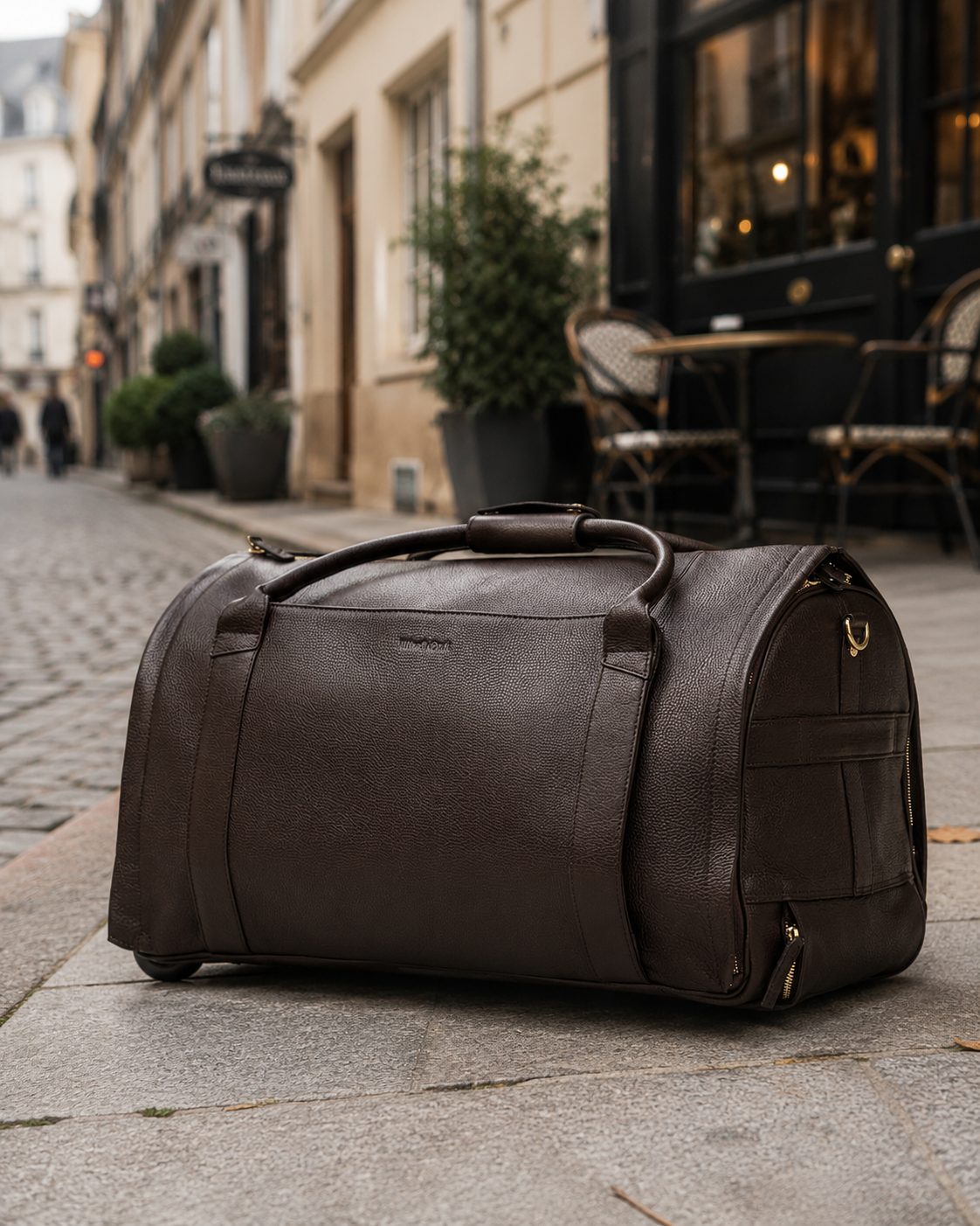 Chocolate Brown NOVA duffle on a European street